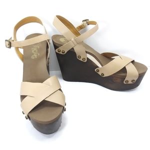 FLOGG Beige Leather & Brown Wood Antiquey Details Platform Sandals Like …